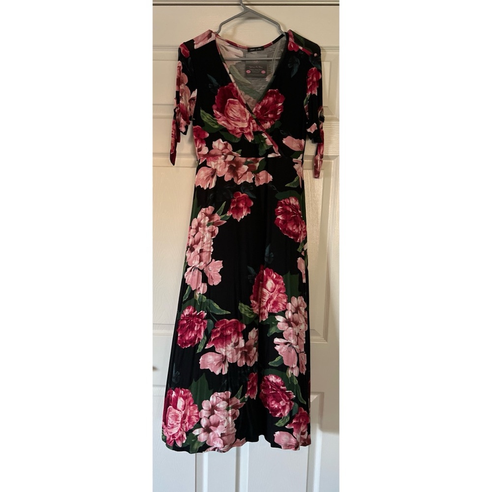 Sweet Claire Black and Pink Floral Midi Dress